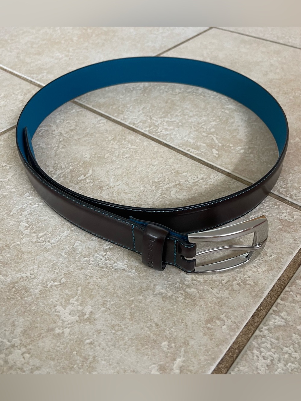 Ted Baker Coated Leather Belt Black Blue Stitching Buckle Size 34” Preppy